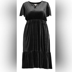 Flutter Sleeve Y-Neck Velvet Dress w/Elastic Waist